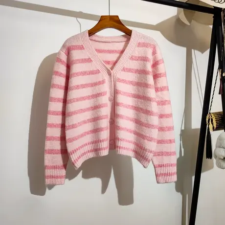 条纹短款毛衣开衫外套女春秋新款宽松v领气质百搭针织衫上衣外穿商品大图
