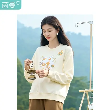 茵曼萌宠猫咪毛巾绣卫衣2023秋女装新款圆领落肩长袖遮肉显瘦上衣商品大图