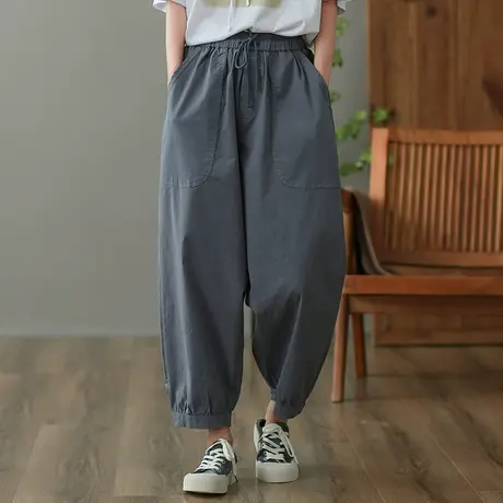 dza 高腰显瘦纯棉休闲裤女2023夏季九分直筒裤阔腿裤宽松哈伦裤子图片