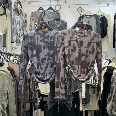 复古港风晕染双侧抽绳收腰短款T恤女2023秋美式弹力修身显瘦气质t图片