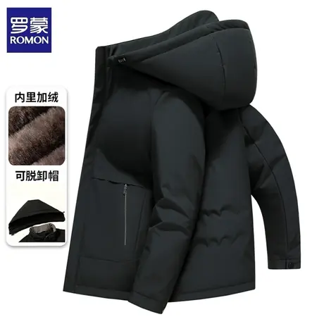 罗蒙加绒加厚棉衣男士冬季商务休闲抗寒保暖可拆卸帽棉服外套冬装图片