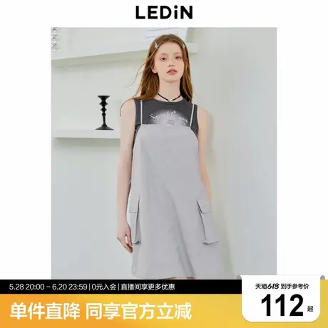 乐町银色吊带短裙年夏季新款机能风宽松抽绳大口袋设计连衣裙商品大图