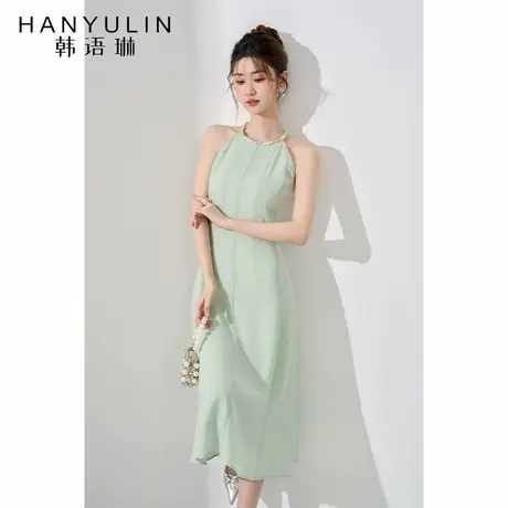 气质挂脖连衣裙女夏季2025新款法式收腰高级感中长款小众设计裙子图片