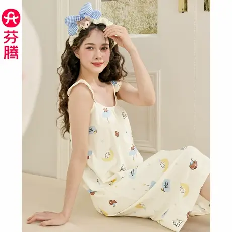 芬腾布朗熊吊带睡裙女士夏季纯棉薄款凉感睡衣裙可爱家居服睡衣裙图片