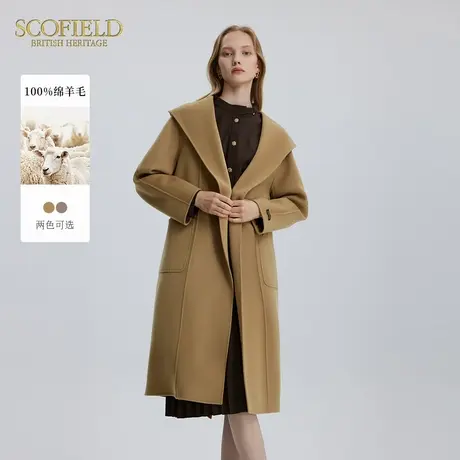 【羊毛100%】Scofield女浴袍款连帽双面呢毛呢大衣冬季图片