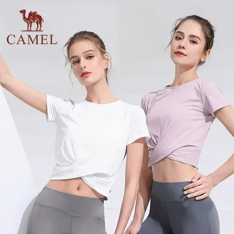 骆驼瑜伽服女短袖夏季T恤运动上衣露脐跑步紧身衣网红健身服短款商品大图