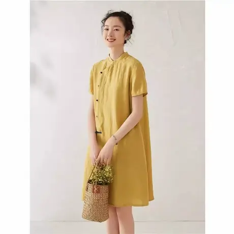 爵莱菲大码黄色连衣裙女夏薄款中式文艺优雅短袖宽松A字短裙图片