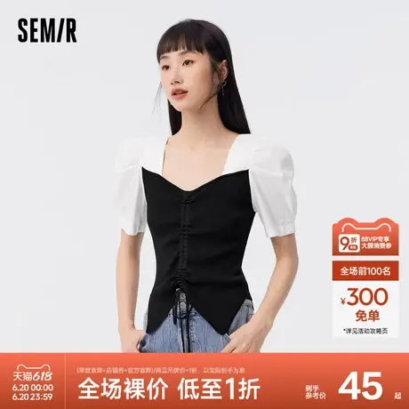 森马针织衫女泡泡袖修身收腰显瘦夏季新款不规则下摆温柔短上衣图片