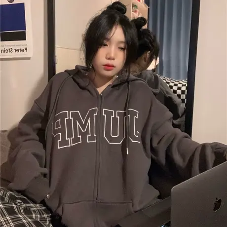 大码加绒设计连帽开衫卫衣女秋冬oversize宽松ins潮情侣外套上衣商品大图