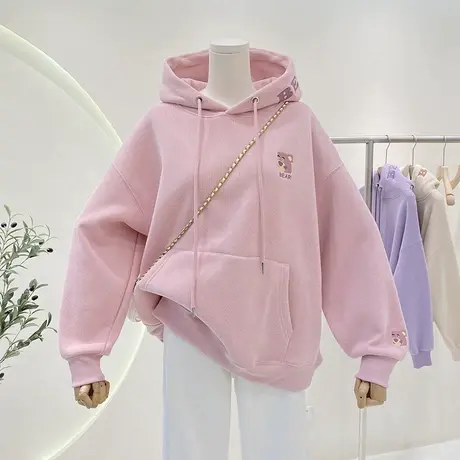 减龄卡通刺绣图案宽松加绒加厚连帽卫衣女秋冬2022新款帽衫外套商品大图