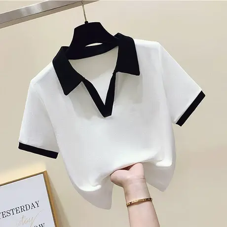 撞色polo领美式正肩短袖t恤女夏季修身辣妹v领独特设计感短款上衣图片