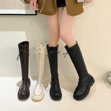 骑士靴女2023年新款夏季系带长筒靴高筒英伦风显瘦厚底不过膝长靴图片