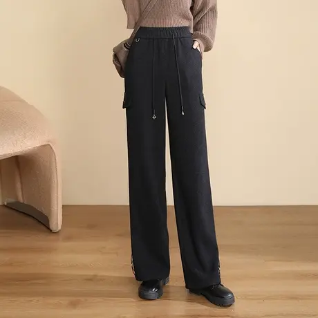 羊毛呢工装裤女阔腿裤秋冬2023新款松紧腰抽绳直筒束脚休闲裤长裤商品大图