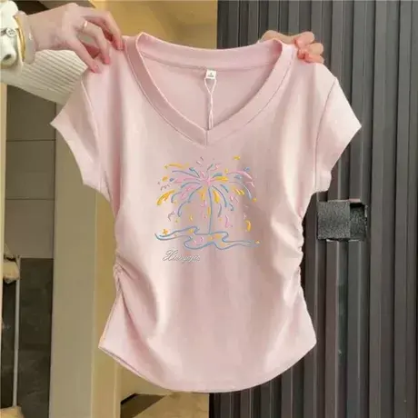 v领抽褶短款t恤小上衣女生夏季蝴蝶印花正肩修身显瘦短袖体恤衫商品大图