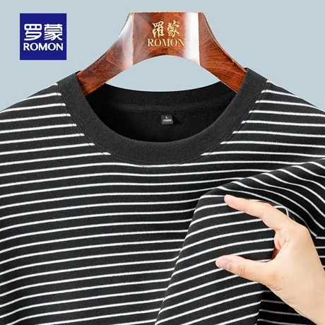 罗蒙男士休闲圆领长袖T恤衫2025秋季新款弹力条纹时尚百搭打底衫商品大图