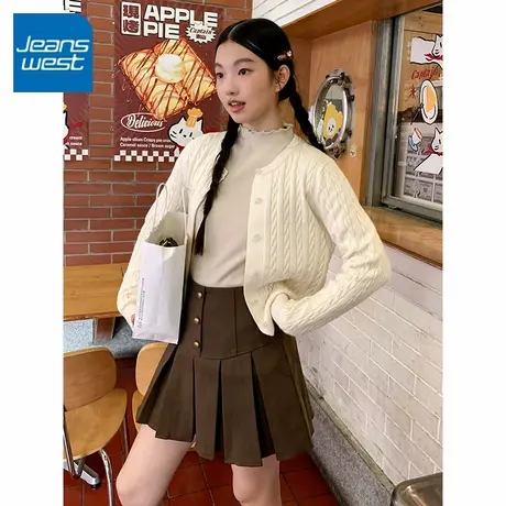 KV真维斯杏色绞花开衫女2025新款春秋款针织毛衣休闲百搭短款外套图片