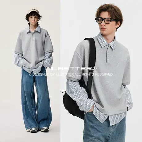 Lilbetter假两件珠地针织polo衫男2025高智感拼接衬衫领长袖上衣图片