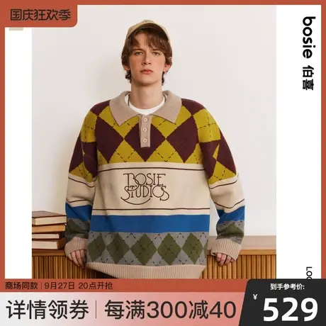 【商场同款】bosie2023冬季新款毛衫男情侣复古大翻领撞色针织衫图片