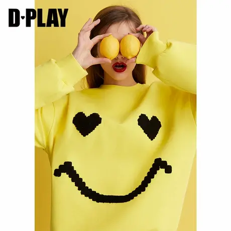 DPLAY德帕拉年春装品欧美柠檬黄简约圆领宽松落肩袖卫衣女商品大图
