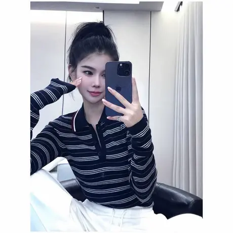 条纹polo领毛衣针织衫女早初秋季穿搭氛围感韩系修身短款长袖上衣商品大图