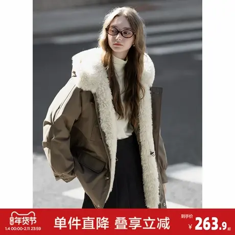 唐狮2026秋冬季短款棉衣女仿羊羔毛拼接连帽腰部抽绳收腰设计时尚商品大图