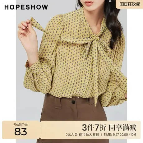 红袖outlets几何印花飘带衬衫hopeshow2022秋季款泡泡袖长袖上衣图片