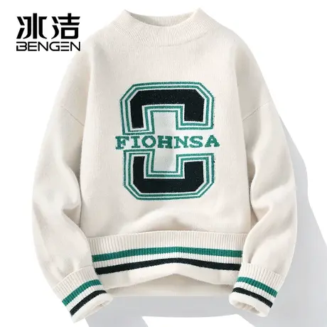 冰洁青少年水貂绒半高领毛衣男冬季加绒加厚打底衫保暖学生上衣ZC商品大图