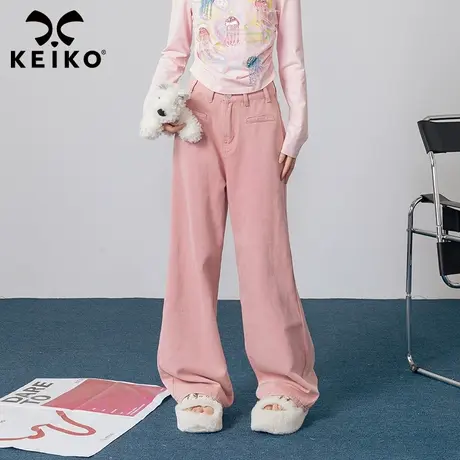 KEIKO 脏粉色直筒牛仔裤女2023秋冬新款高腰显瘦宽松阔腿长裤子商品大图