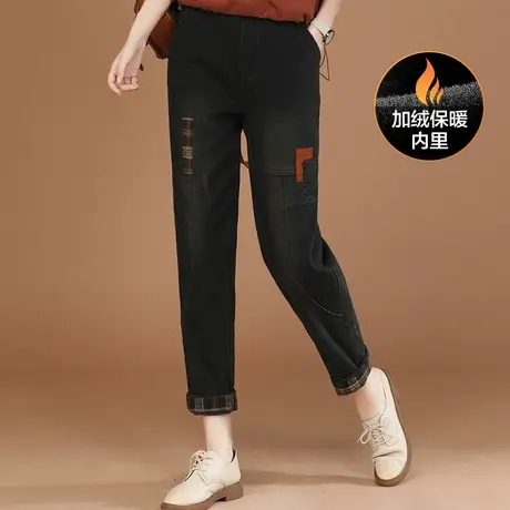 新品8.5折】民族风松紧腰贴布加绒牛仔裤女宽松哈伦裤子商品大图