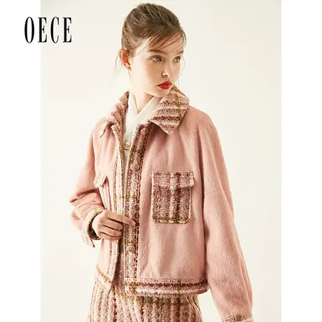 【买1送1】Oece冬新款女甜意小复古香风织花拼格短款呢大衣图片