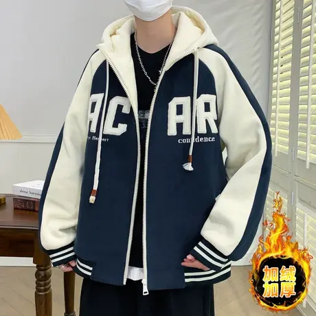 秋冬季青少年奥粒绒保暖外套初高中大童学生宽松字母加厚连帽夹克商品大图