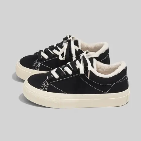 Betoo 2022冬季新款加绒黑色帆布鞋女INS潮保暖二棉鞋百搭板鞋商品大图