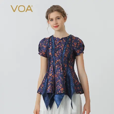 VOA34姆米色织提花桑蚕丝花色立体褶裥收腰尖角下摆短袖真丝T恤图片