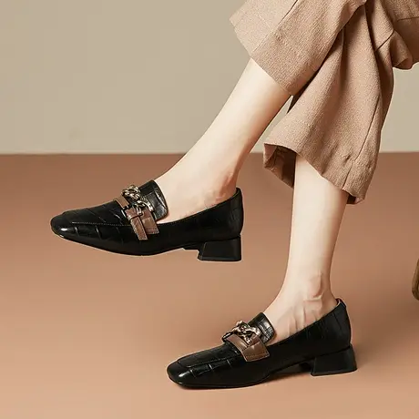 气质中口方头女鞋复古中跟春秋季新款里外真皮粗跟百搭舒适单鞋商品大图