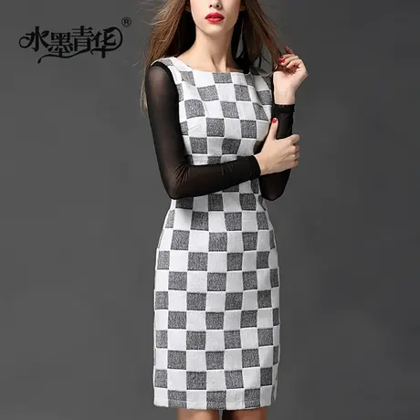 【1件7.9折】冬新款毛呢格子修身圆领无袖百搭打底背心连衣裙图片