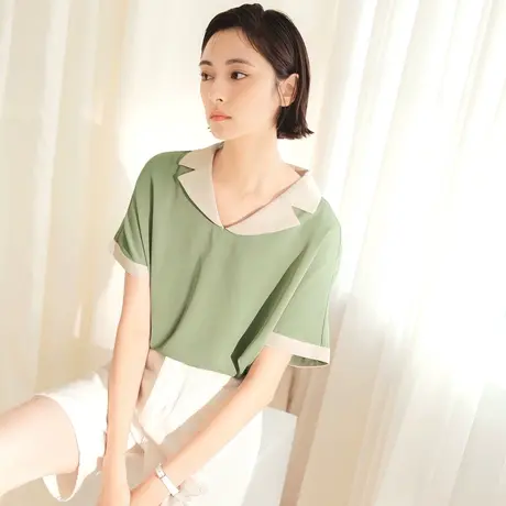 桔熊夏季通勤雪纺衫女装不易皱凉爽设计感翻领上衣大码AB17400图片