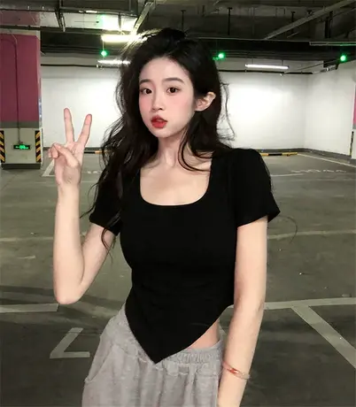 黑色短袖t恤女夏季方领不规则短款高腰小众设计感上衣小个子潮ins商品大图