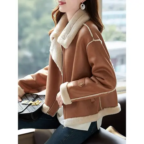 宝诗黎2023年冬季皮毛一体宽松外套女时尚保暖加绒加厚机车服新款商品大图