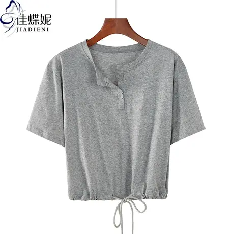 夏季新款圆领纯棉宽松短款抽绳松紧腰短袖体恤上衣韩版休闲女装商品大图
