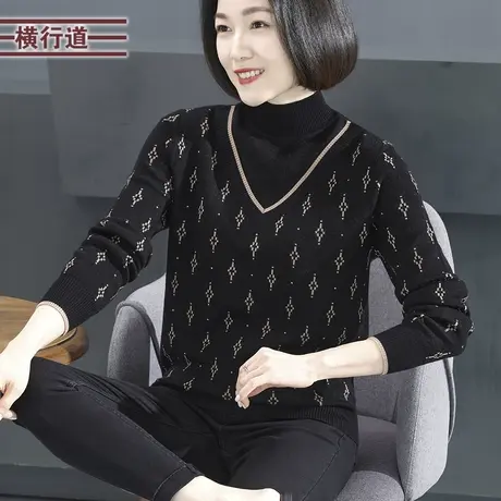 高领假两件中年妈妈长袖毛衣针织衫女装宽松韩版大码2024新款春装商品大图