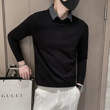 秋冬季衬衫领毛衣时尚休闲个性假两件针织衫潮牌潮流INS打底衫商品大图