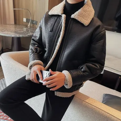 加绒皮衣潮牌冬季轻熟羊羔毛外套翻领加厚皮毛一体机车服皮衣夹克图片