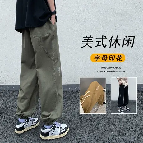 工装裤男款春秋季束脚裤子美式高街复古宽松运动军绿色休闲裤潮牌商品大图