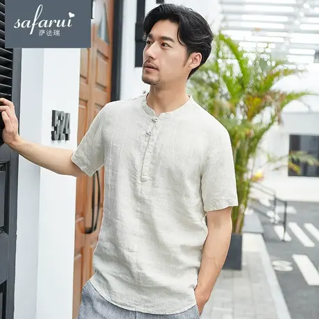 萨法瑞829亚麻衬衫男短袖夏季薄款中国风男宽松休闲男装套头棉麻图片