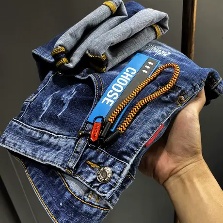 夏季款欧美潮牌牛仔裤男修身直筒宽松小脚男士长裤子高端弹力百搭商品大图