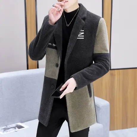 冬季西装加厚风衣男士韩版痞帅毛呢大衣中长款金貂绒呢子外套保暖商品大图