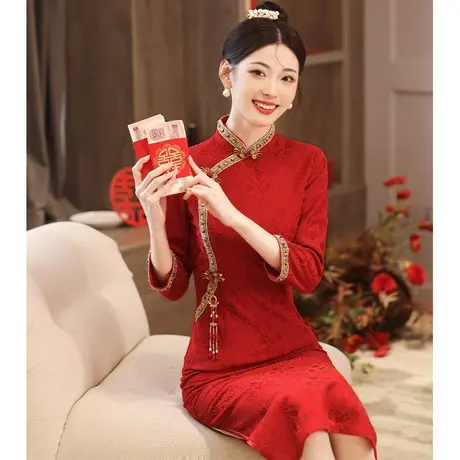 旗袍敬酒服新娘高端订婚2023年新款红色长袖年轻款蕾丝改良连衣裙商品大图