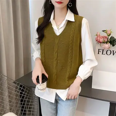 叠穿针织背心马甲女春秋2023新款设计感外穿宽松麻花毛衣坎肩马夹图片