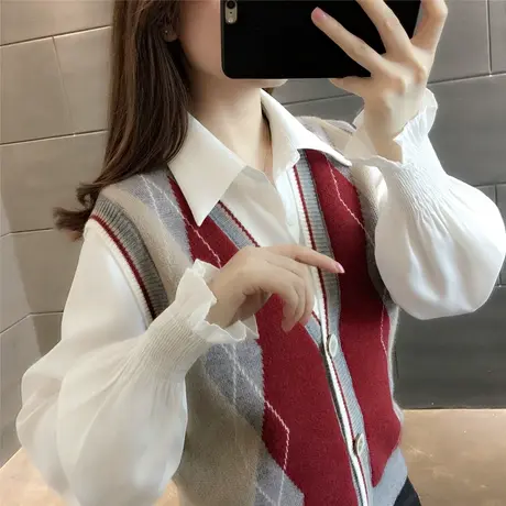 马甲背心外套英伦风春秋韩版女士毛衣外搭宽松菱格针织开衫外穿潮图片
