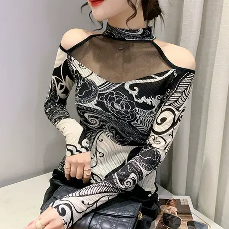 性感露肩紧身T恤女长袖欧货洋气时尚打底衫春秋印花网纱拼接上衣商品大图